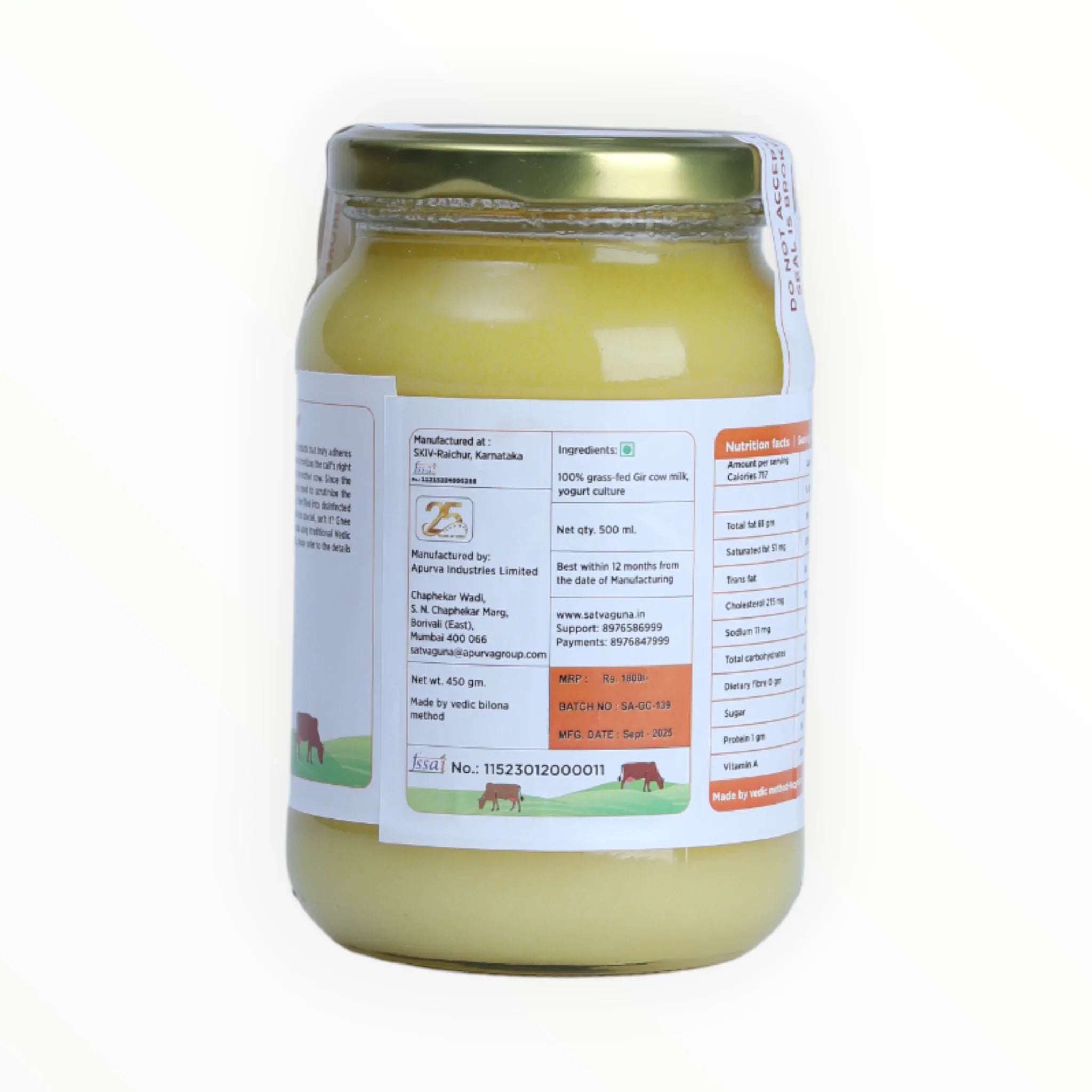 Satvaguna Pure cow ghee 500 ML Back side label