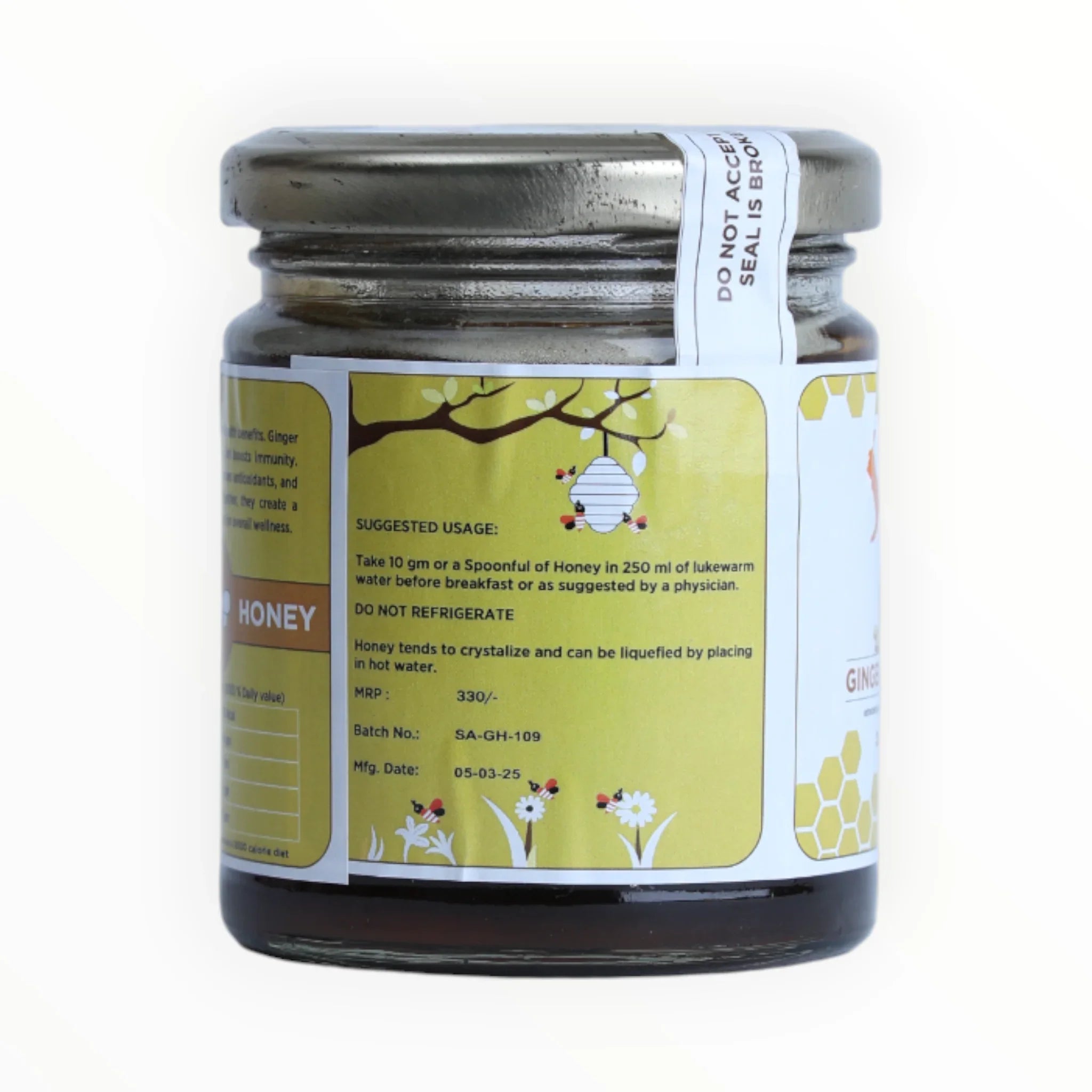 Jar of honey with a label on a white background